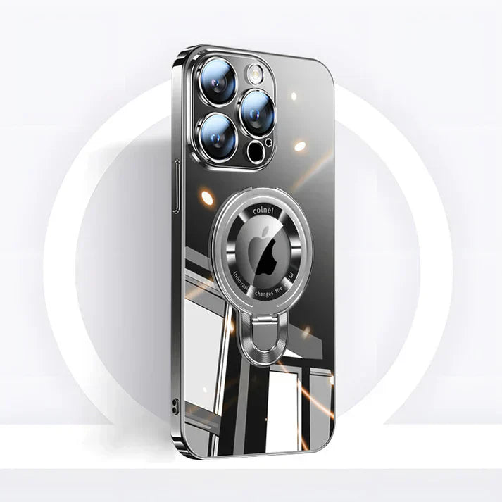 iPhone 15/14/13 MagSafe Hülle transparent, mit ausgefahrenem drehbarem Ständer für horizontale Ansicht.