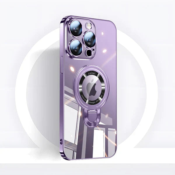Premium iPhone Schutzhülle MagSafe. Transparent, kratzfest, mit Kameraschutz und drehbarem Ständer.