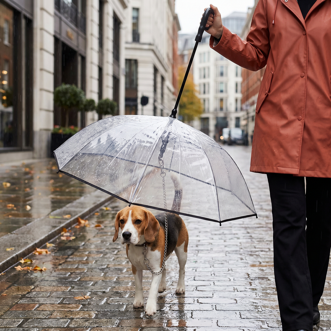 Transparenter Hunde Regenschirm mit integrierter Leine schützt kleine Hunde zuverlässig vor Regen beim Spaziergang.