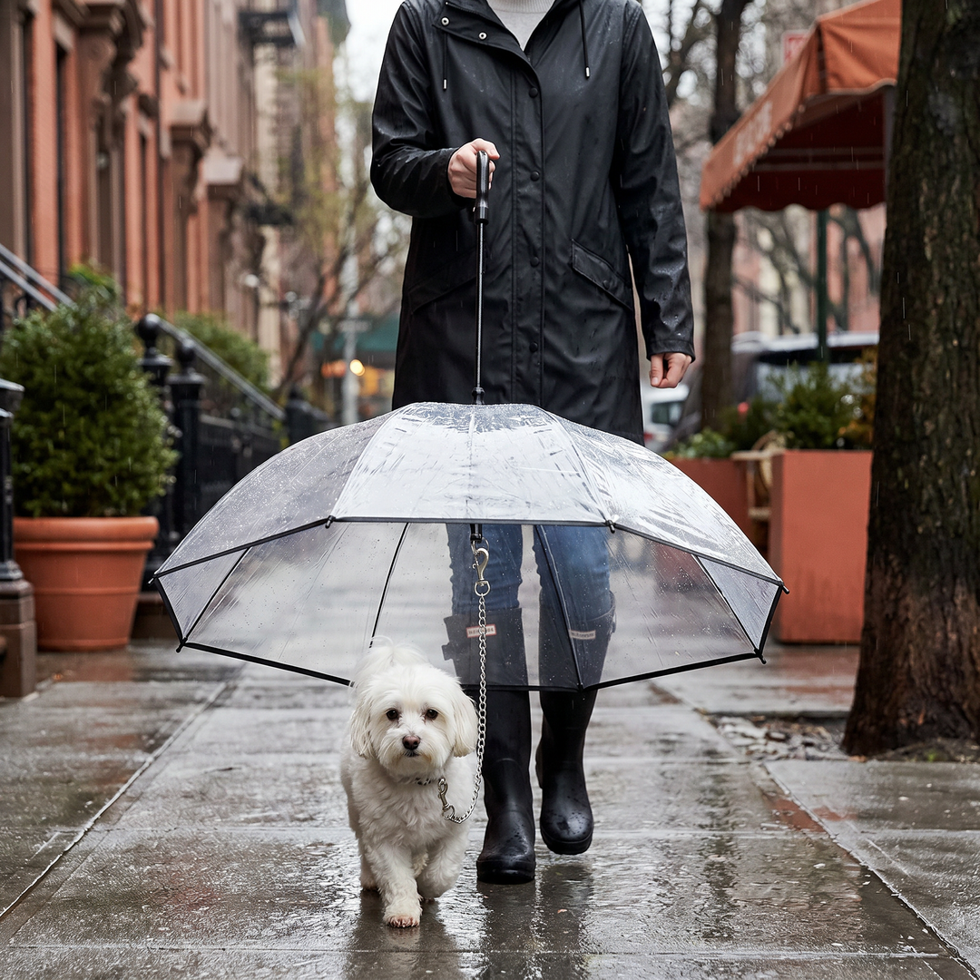 Kleiner transparenter Hunde Regenschirm mit fester Leine bietet Haustieren optimalen Schutz bei nassem Wetter.