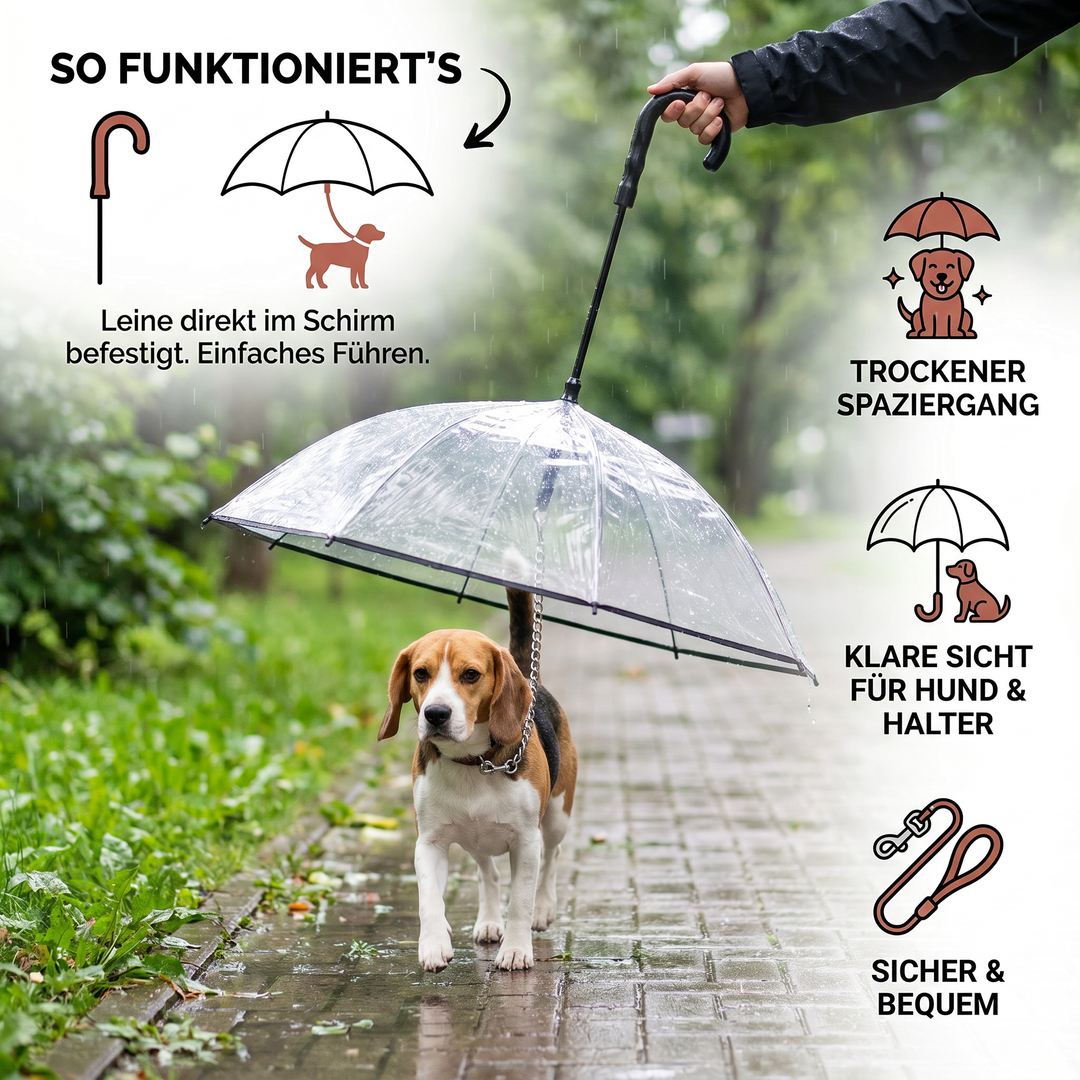 Hundezubehör: Wetterfester, transparenter Regenschirm für kleine Hunde mit Leine für regnerische Spaziergänge.