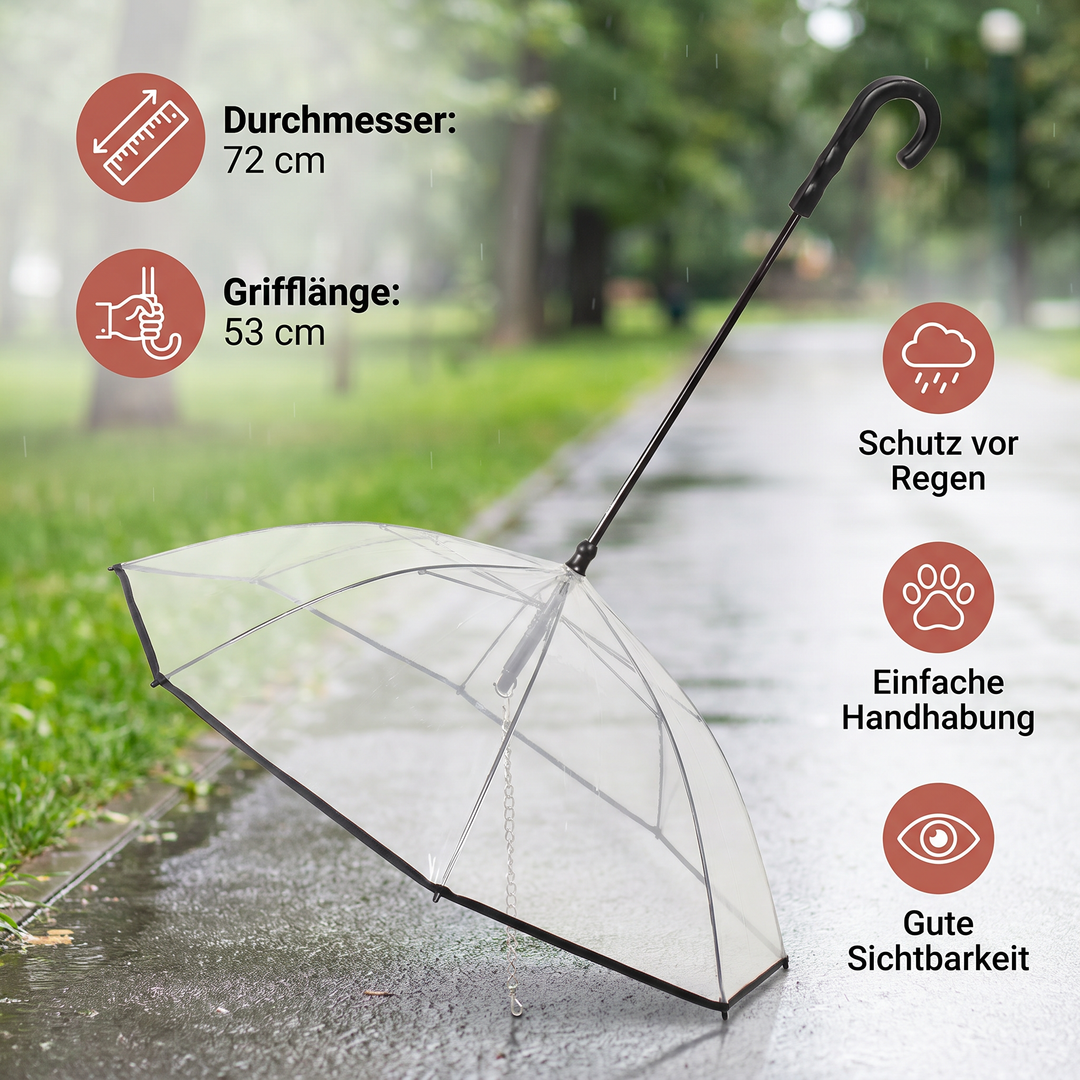 Eleganter transparenter Hunde Regenschirm mit Leine für kleine Hunde, perfekt gegen Regen und Nässe beim Gassigehen.
