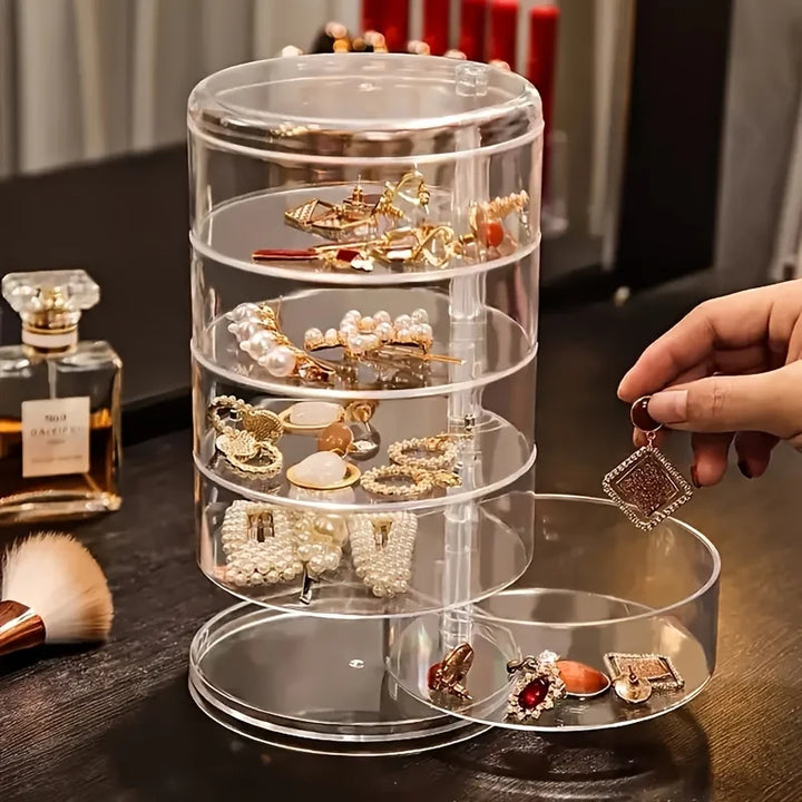 Transparenter, staubdichter Schmuck-Organizer 360° drehbar für Ringe, Halsketten & Ohrringe; platzsparend.