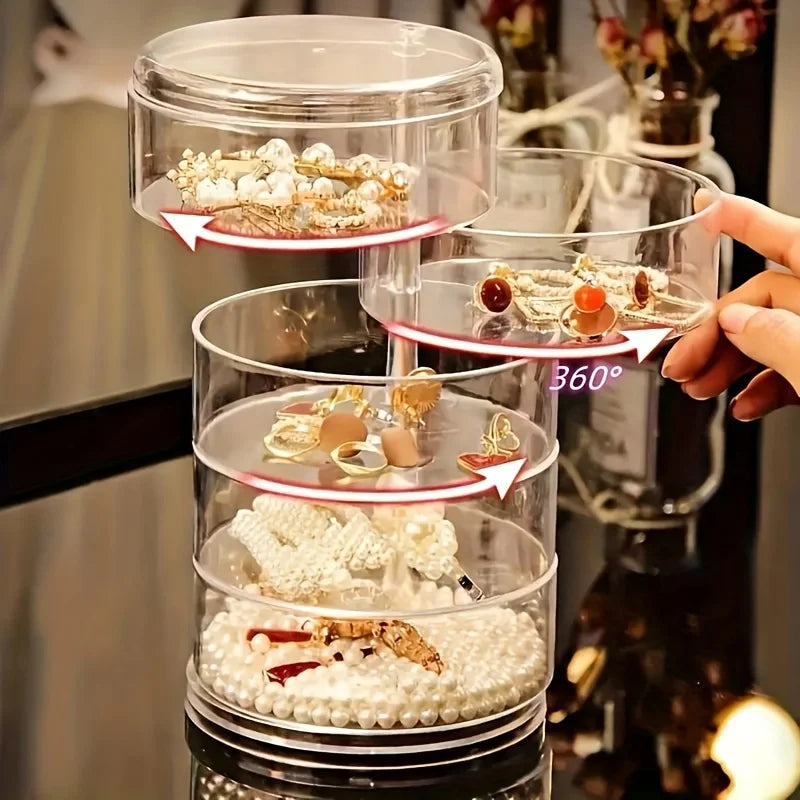 Detailansicht des transparenten, 360° drehbaren Schmuck-Organizers mit gestapelten Fächern für Armbänder.