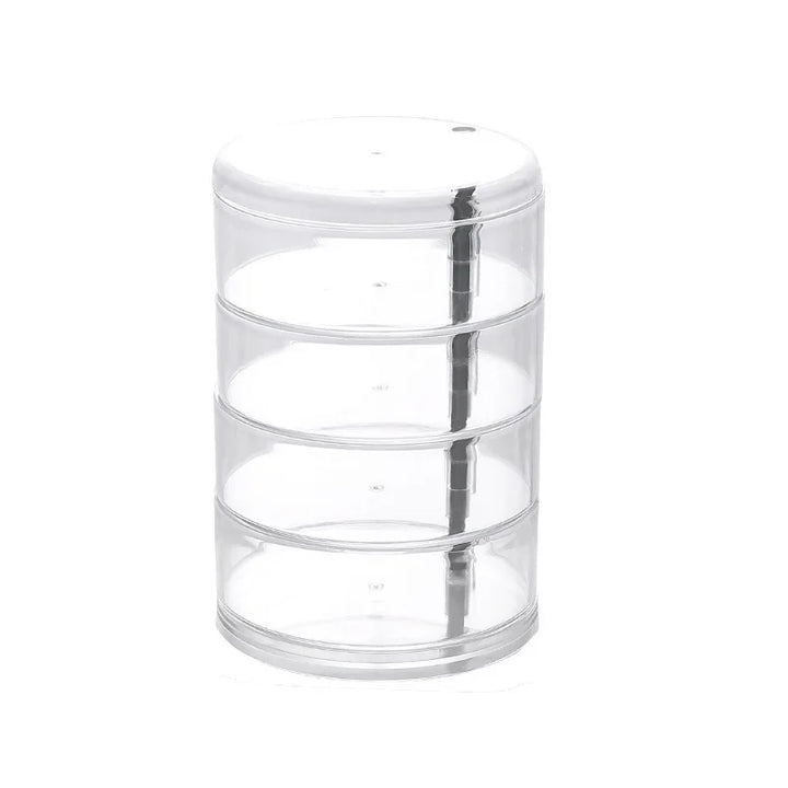 Staubdichte Schmuckbox aus transparentem Material, 360° drehbar, ideal zur übersichtlichen Aufbewahrung.