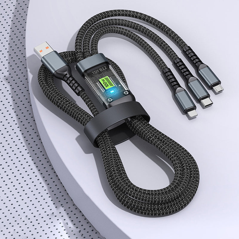 Blitzschnelles 100W 3-in-1 USB Ladekabel. Transparentes Design, kompatibel mit iPhone, Android & USB-C.