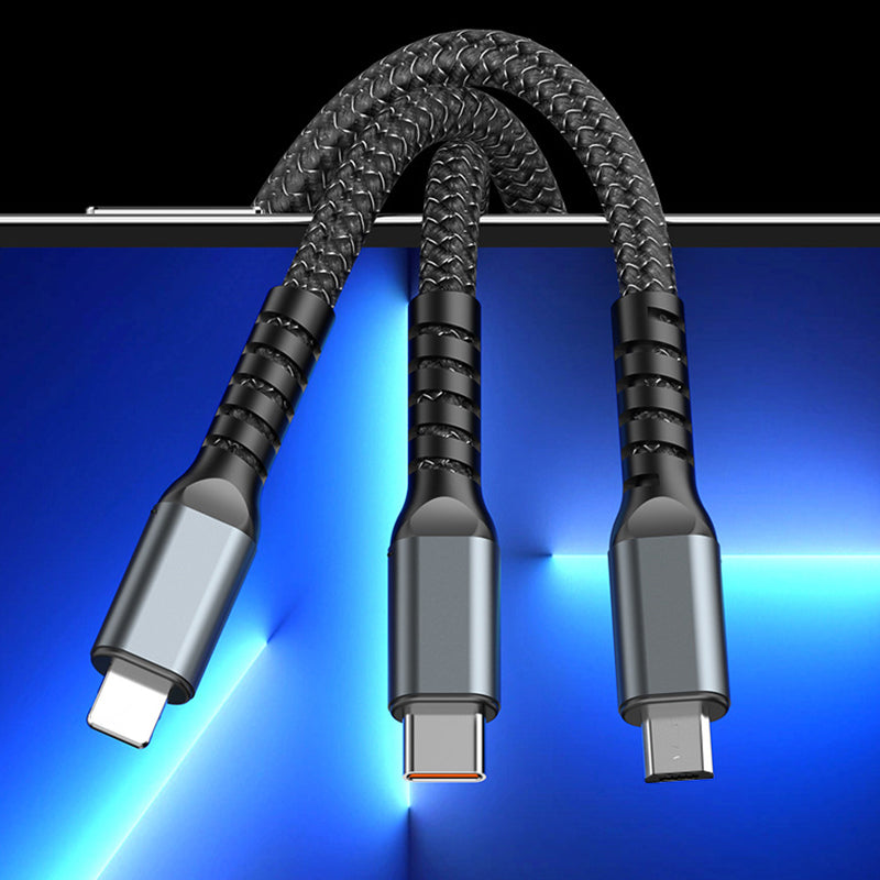 Einzigartiges leuchtendes 3-in-1 Schnellladekabel. Transparentes 100W Ladekabel für iPhone, Android & USB-C.