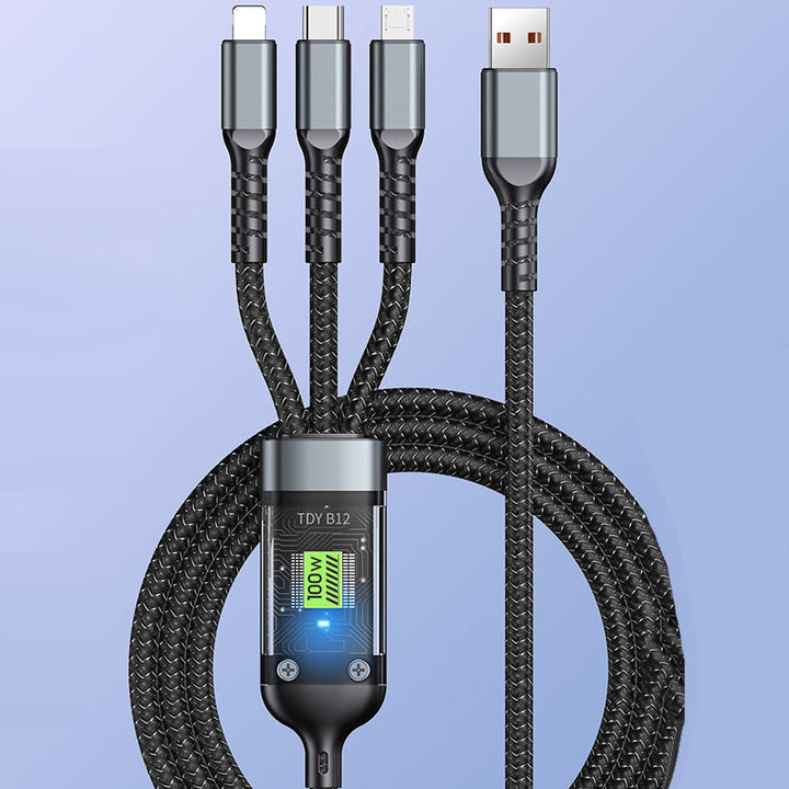 Transparentes 3-in-1 100W Schnellladekabel. Universelles USB Ladekabel für iPhone & Android.