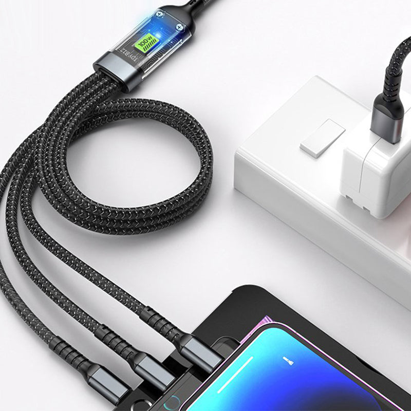 Modernes transparentes 100W 3-in-1 USB-Kabel. Perfektes Reisekabel für alle Geräte.