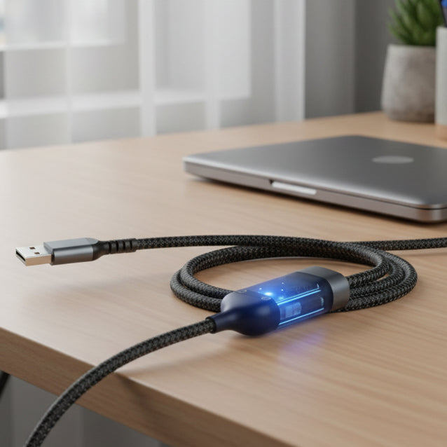 Transparentes 3-in-1 LED-Schnellladekabel mit Leuchteffekt. Kompatibel mit USB-C, Lightning & Micro-USB.