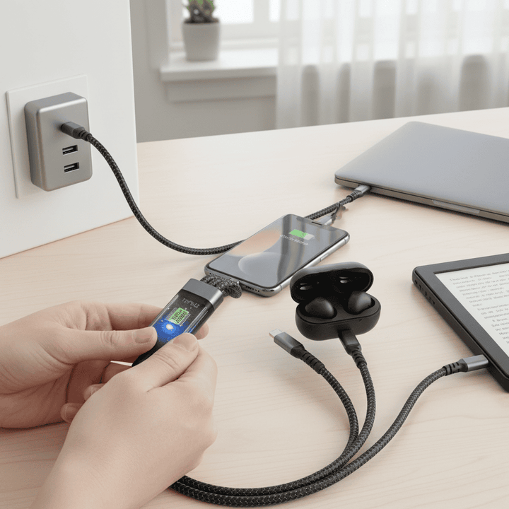 Universelles leuchtendes LED-Ladekabel, 3-in-1 Design für schnelles Laden von USB-C, Lightning, Micro-USB Geräten.