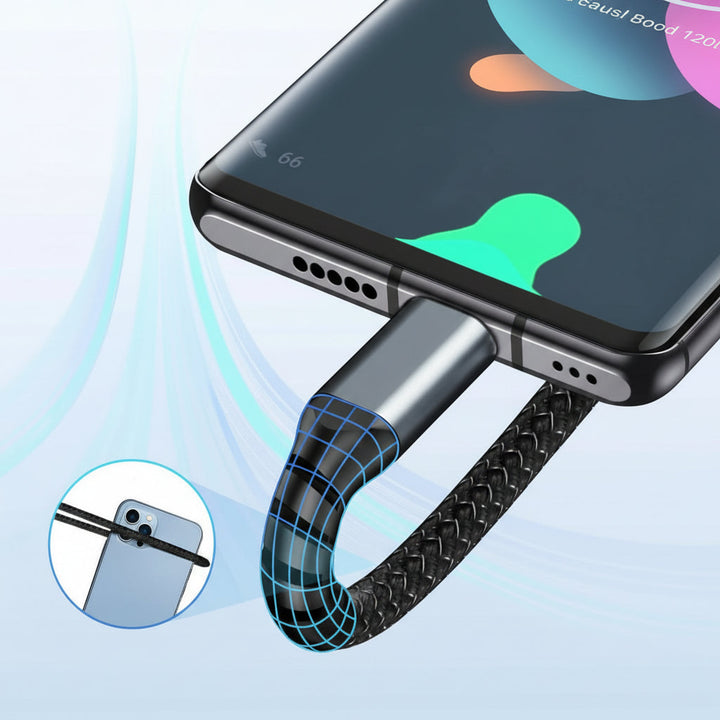Flexibles 3-in-1 LED-Ladekabel mit Schnellladefunktion, transparent. Anschlüsse: USB-C, Lightning, Micro-USB.