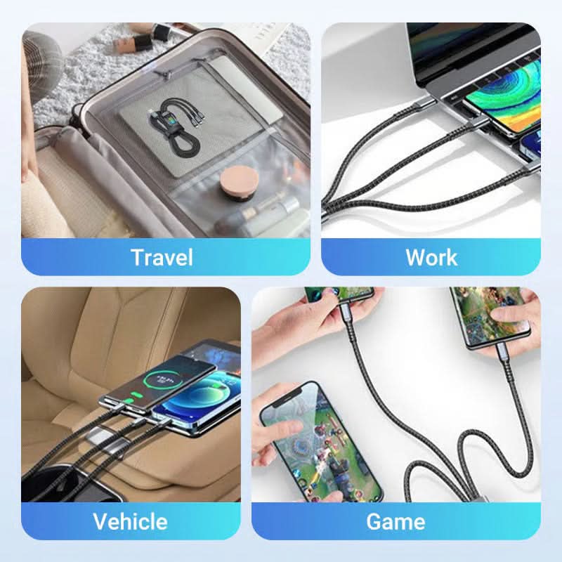 Stylisches leuchtendes 3-in-1 USB-C, Lightning, Micro-USB Ladekabel. Transparent und schnell ladend.