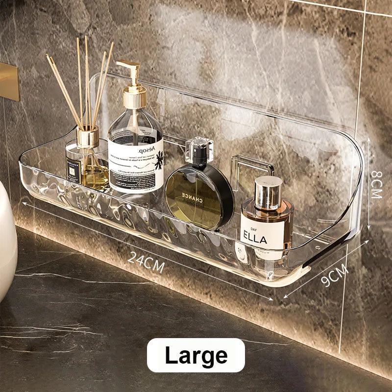 Transparentes Acrylregal im Badezimmer, mit Shampoo und Seife bestückt, sorgt für ordentliche Ablage ohne Bohren.