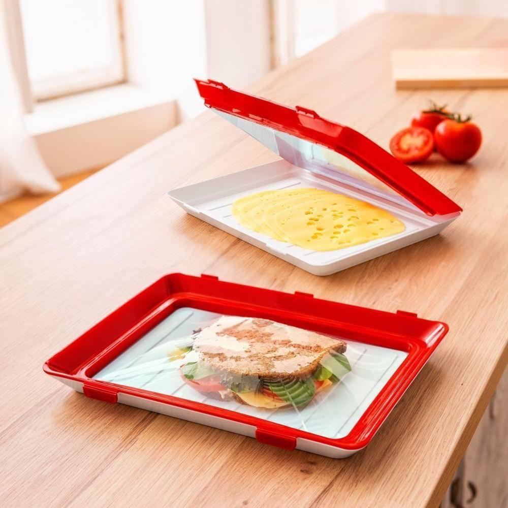 Wiederverwendbares Frischhalte-Tablett für platzsparende Lebensmittelaufbewahrung in Küche und Haushalt.