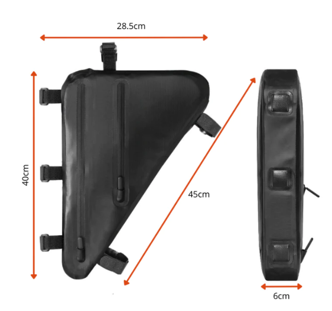 Detailansicht der TriFrame Fahrradtasche, ergonomisches Design zur Befestigung am Fahrradrahmen, Schwarz.