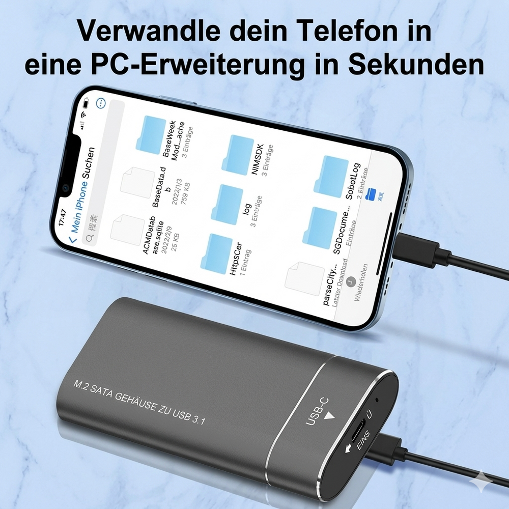 Mobiles TurboVault USB-C Gehäuse: Schützt M.2 SATA SSDs und erweitert Laptop Speicher für schnelle Backups.