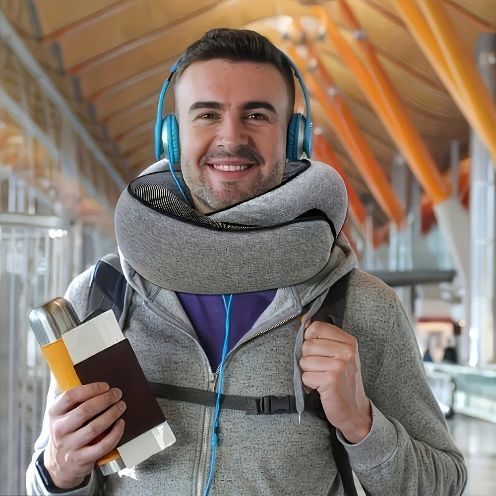 Ultraleichtes, ergonomisches Nackenkissen in Grau für entspannte Reisen; ideal für Flugzeug, Zug & Büro.
