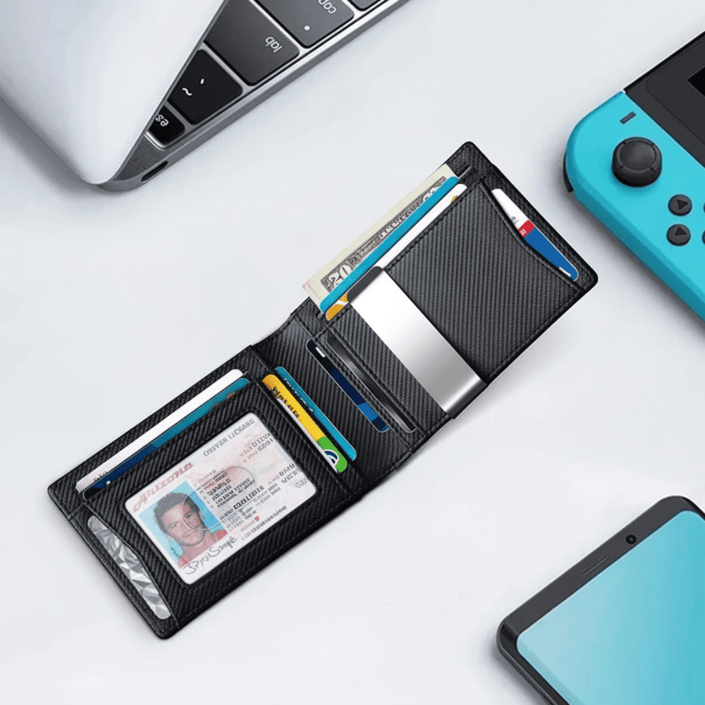 Sicheres Carbon Wallet mit RFID-Schutz für Kreditkarten. Ultradünnes, unisex Design aus Kohlefaser.