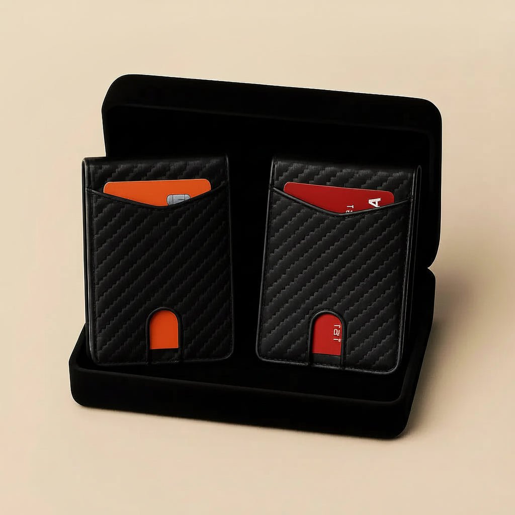 Vorder- und Rückseite der Kohlefaser RFID Geldbörse. Minimalistisch, schlank und sicher für alle Karten.
