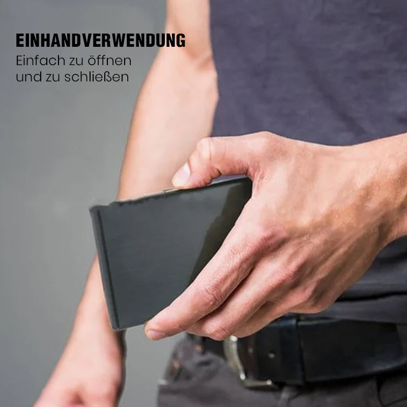 Ultradünnes RFID-Kartenetui aus Metall, silber, für sicheren Schutz vor Datendiebstahl.