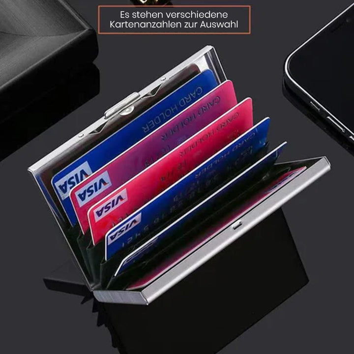 Modernes Metall-Kartenetui in Schwarz, ultradünn, bietet maximalen RFID-Diebstahlschutz.