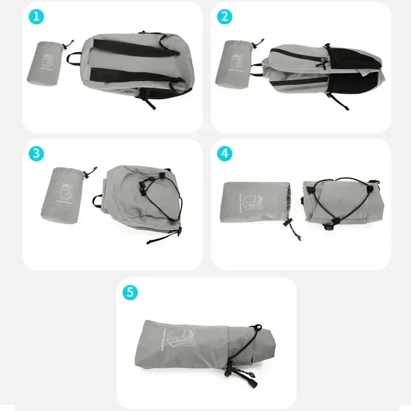 Kompakter, faltbarer Ultraleicht-Rucksack für Outdoor-Abenteuer; strapazierfähiges Nylon.