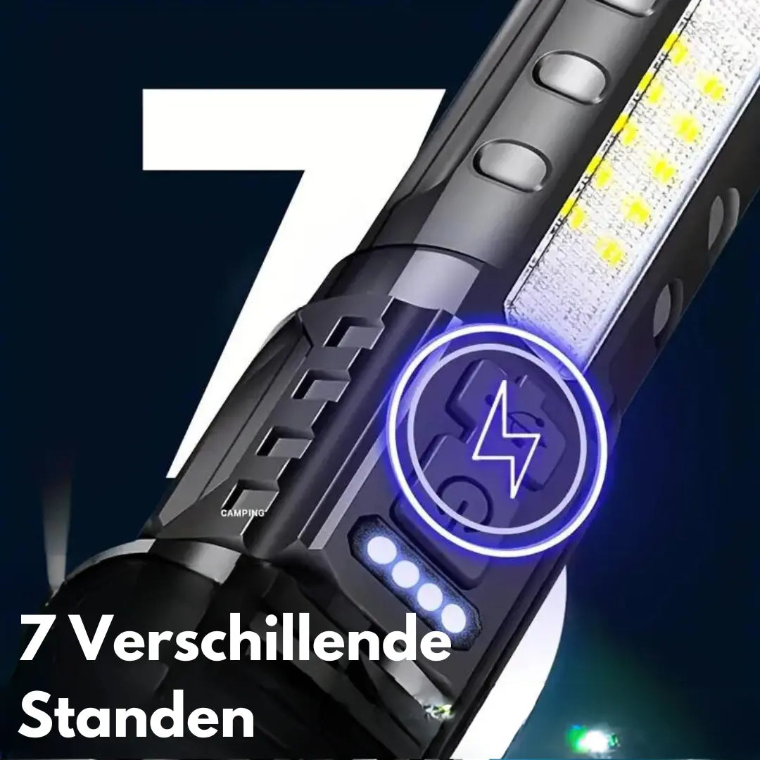 Robuste 5000 Lumen LED Taschenlampe, militärisches Design. Unverzichtbar für Outdoor-Ausrüstung.