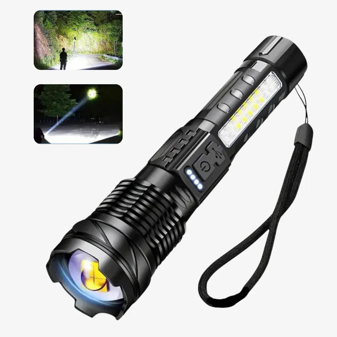 Ultrafelle Militär-Taschenlampe PowerBeam (5000 Lumen) mit LED, USB-aufladbar, wasserdicht & stoßfest.
