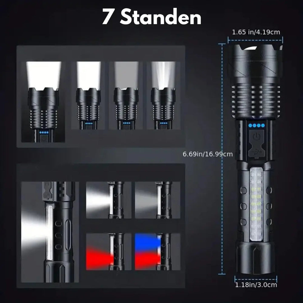 Helle 5000-Lumen-Militär-Taschenlampe PowerBeam, ideal für Camping, Outdoor-Abenteuer & Notfälle.