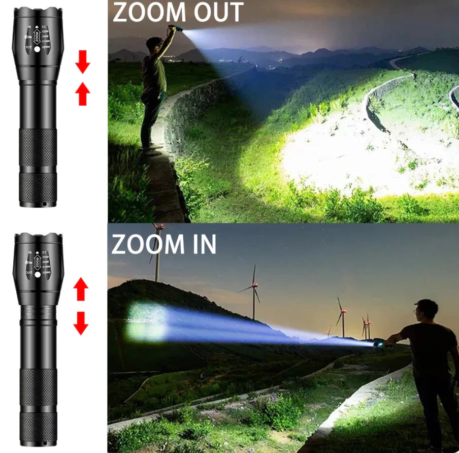 Wiederaufladbare LED Taschenlampe mit Zoomfunktion, perfekt für Outdoor-Abenteuer, Camping & Notfallbeleuchtung.