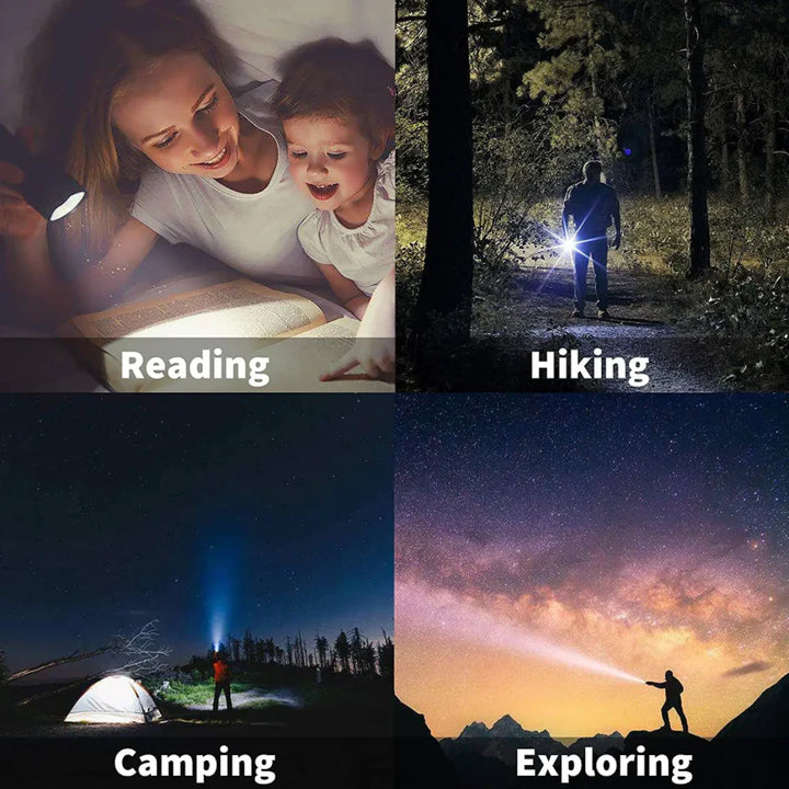 Vielseitige LED Taschenlampe mit Ultrahelligkeit und Zoom für Camping, Outdoor, Wandern & Notfälle. Wiederaufladbar.