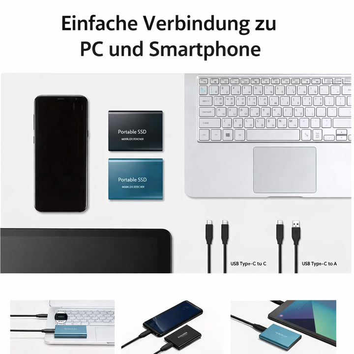 Schlanke externe 128GB SSD mit USB-C, stoßfestes Gehäuse, schneller mobiler Speicher und Festplatte.
