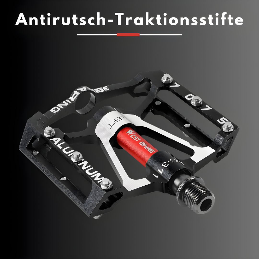 Detail der montierten ultraleichten Anti-Rutsch Fahrradpedale, wichtig für Stabilität beim Rennradfahren & MTB.