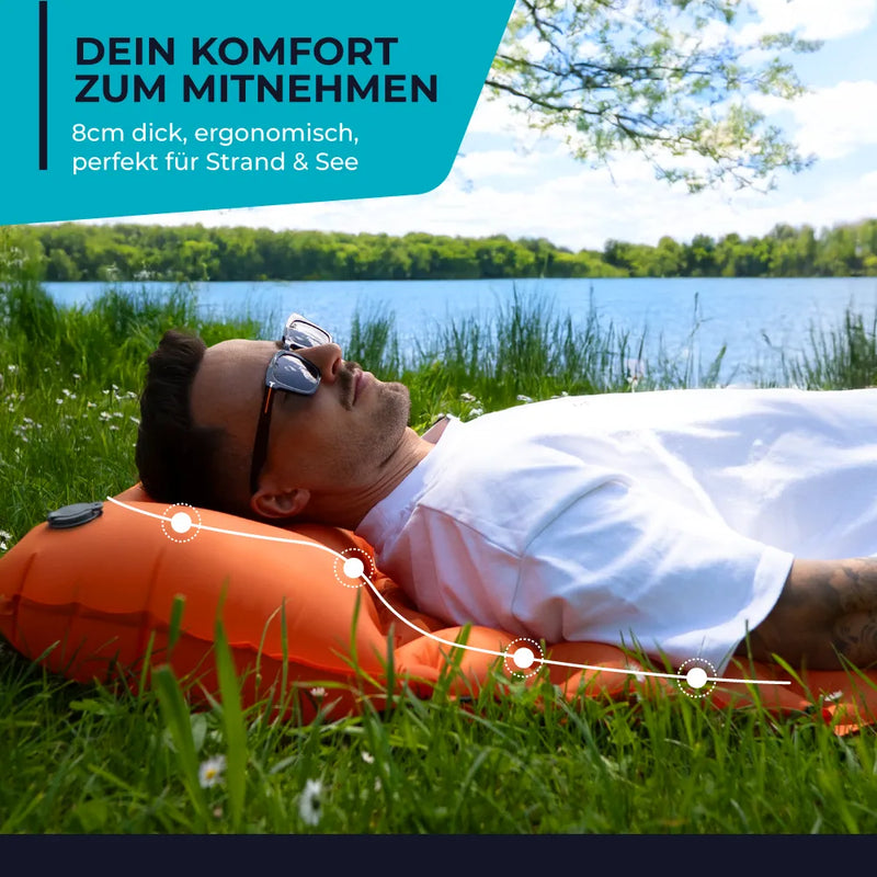 Detailansicht der Ventile einer schnell aufblasbaren, komfortablen Trekking-Isomatte.
