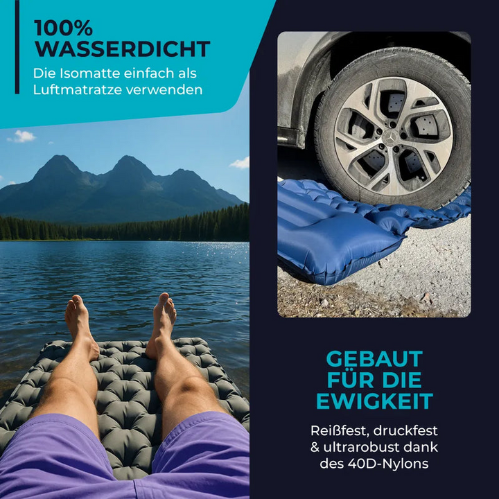 Gerollte, kompakte Ultraleicht-Schlafmatte, ideal für minimales Gepäck beim Outdoor-Sport.