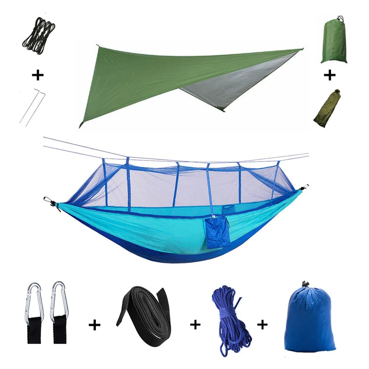 Kompakte Camping Hängematte, faltbar & reisefreundlich, mit Moskitonetz & Regendach.