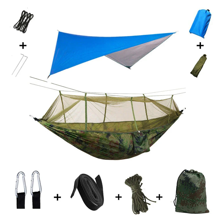 Abenteuer Hängematte mit Moskitonetz, Regendach und reißfestem Material für Wildnis-Trips.