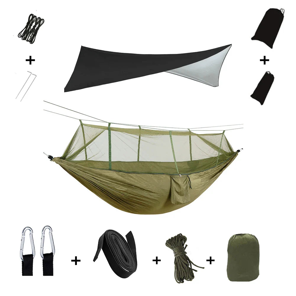 Reißfeste Hängematte mit integriertem Moskitonetz und wasserdichtem Regenschutz für Outdoor.