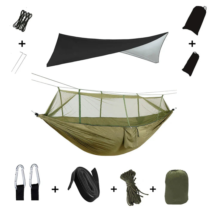 Reißfeste Hängematte mit integriertem Moskitonetz und wasserdichtem Regenschutz für Outdoor.