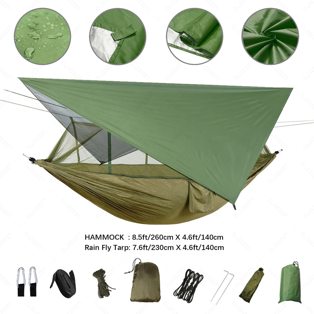 Robuste, reißfeste Outdoor Hängematte mit integriertem Insektenschutz & wasserdichtem Tarp.
