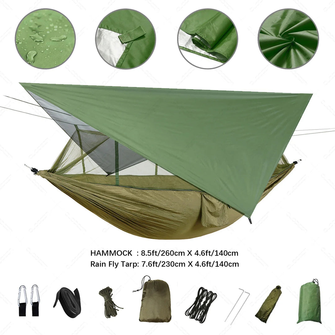 Robuste, reißfeste Outdoor Hängematte mit integriertem Insektenschutz & wasserdichtem Tarp.