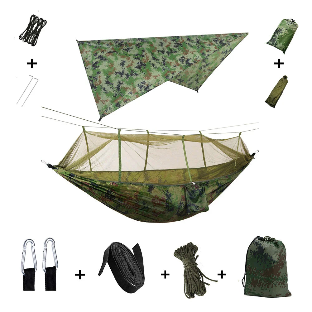 Hochwertige Hängematte, reißfest & ultraleicht, mit Moskitonetz & Regenschutz für Camping.