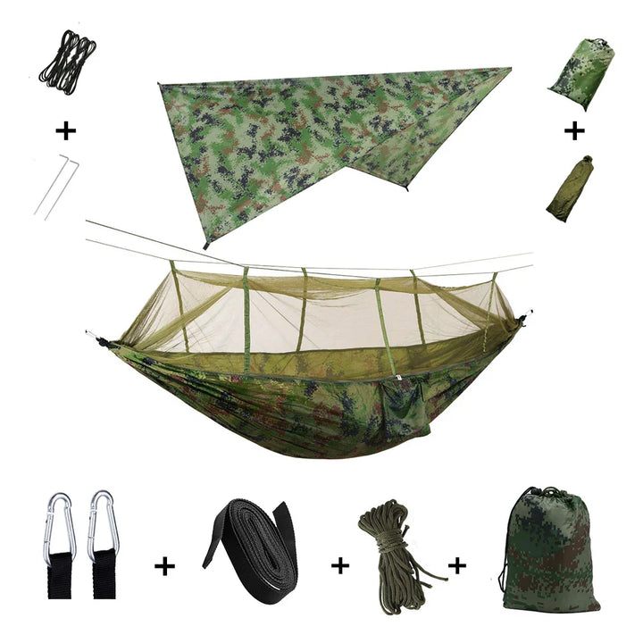 Hochwertige Hängematte, reißfest & ultraleicht, mit Moskitonetz & Regenschutz für Camping.