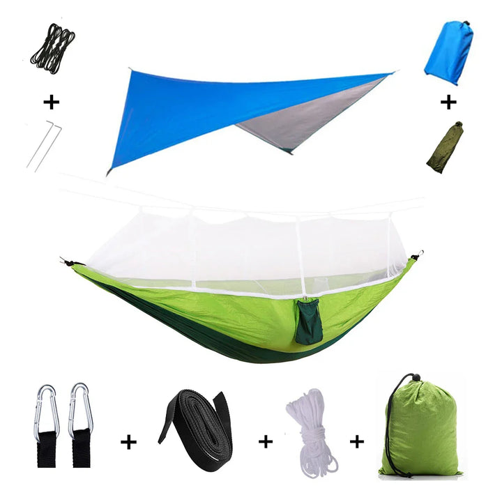 Das komplette Outdoor-Schlaf-Set: Hängematte, Moskitonetz & Tarp – leicht & stabil.