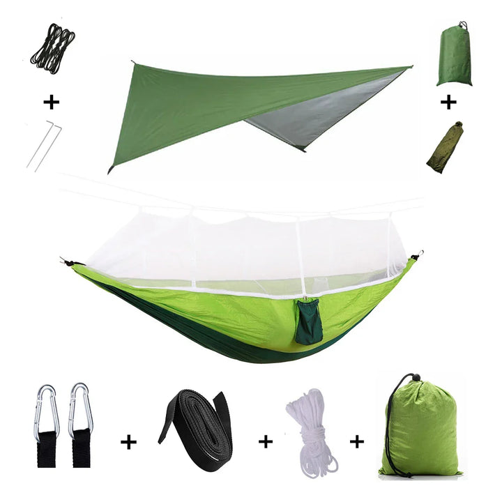 Ultraleichte Hängematte für Rucksacktouristen, mit integriertem Insektenschutz & Regendach.