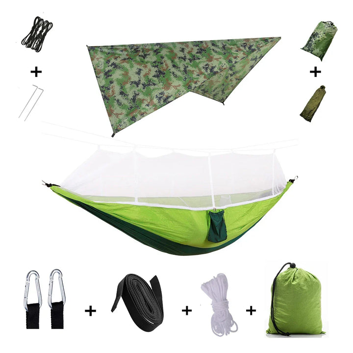 Reißfeste Outdoor Hängematte mit Moskitonetz & Regendach, für sorgenfreie Natur-Abenteuer.