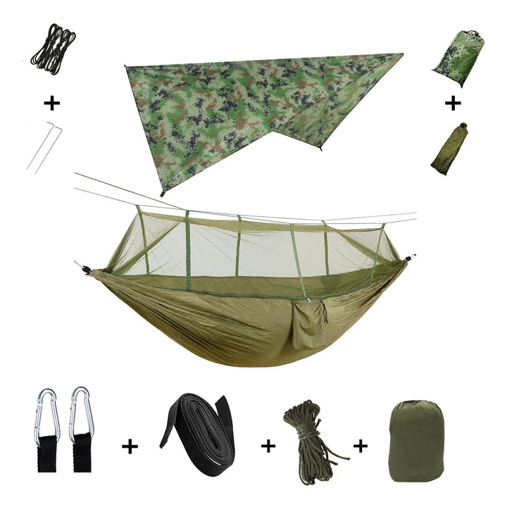 Reißfeste Outdoor-Hängematte mit Regenschutz, bereit für jedes Wetter und Insekten.