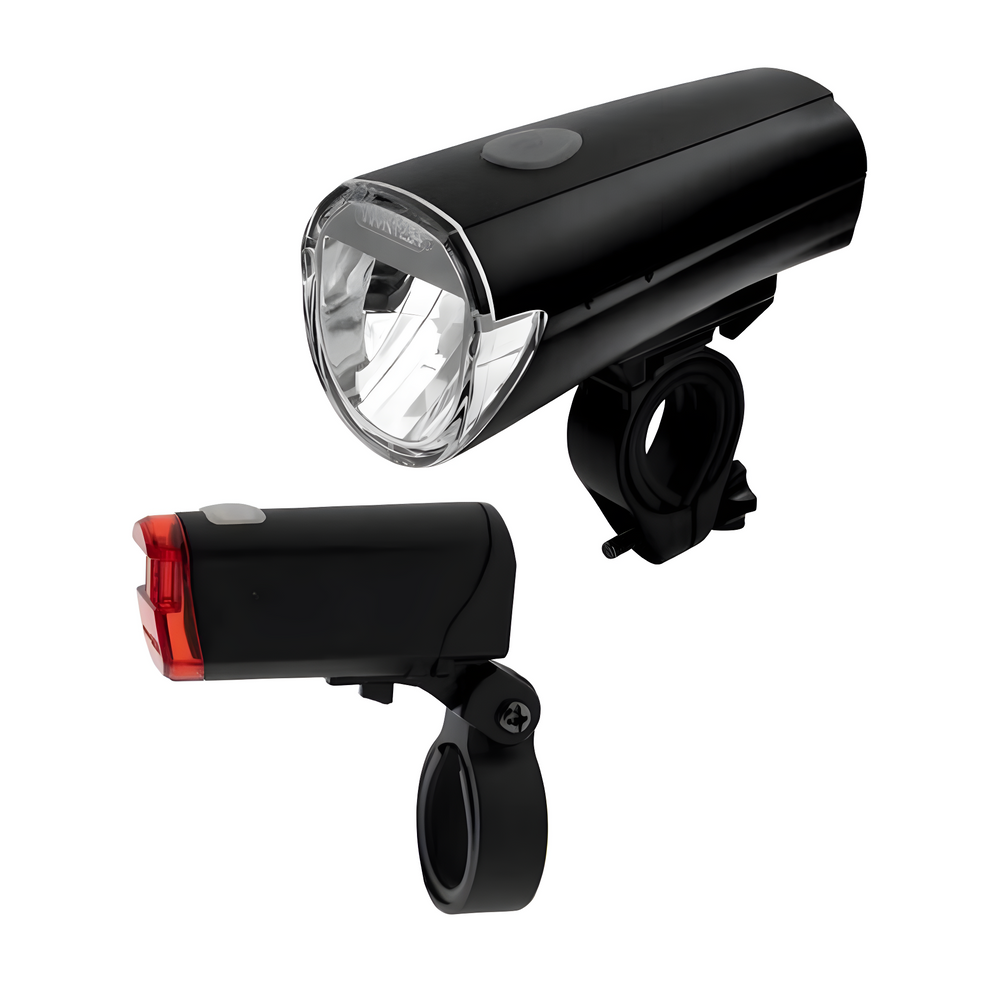Leistungsstarkes LED Frontlicht des BrightRide Fahrradlicht-Sets für optimale Sicht bei Nachtfahrten.