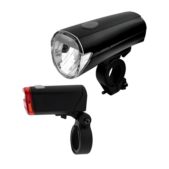 Leistungsstarkes LED Frontlicht des BrightRide Fahrradlicht-Sets für optimale Sicht bei Nachtfahrten.